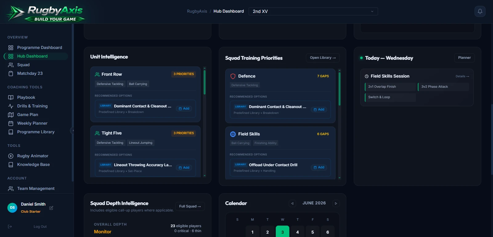 Hub Dashboard showing a team's daily readiness, alerts, fixtures and notes