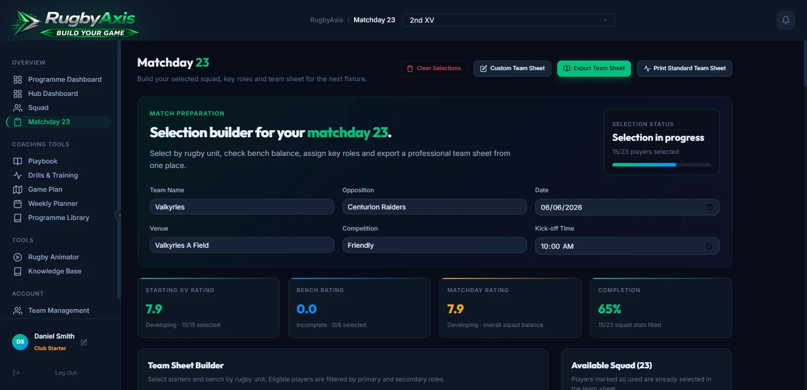 Matchday 23 builder showing match preparation fields and selection status