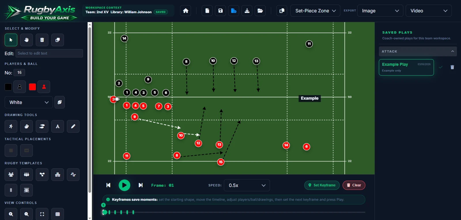 Rugby Animator showing field, players, movement lines and keyframe timeline