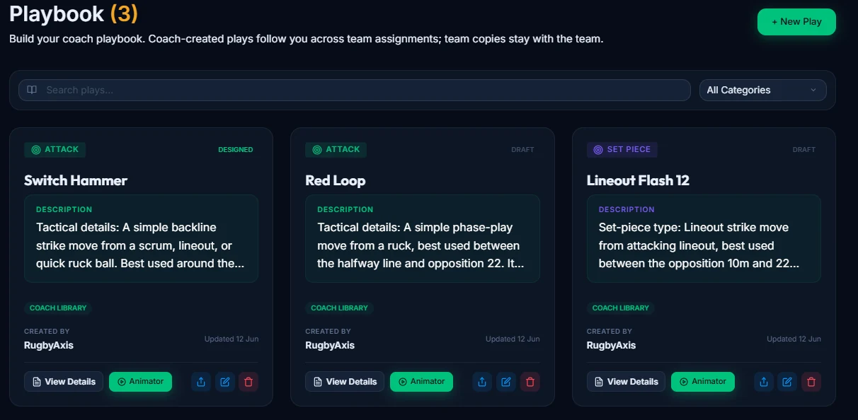RugbyAxis Playbook cards showing attack and set-piece plays saved from Rugby Animator
